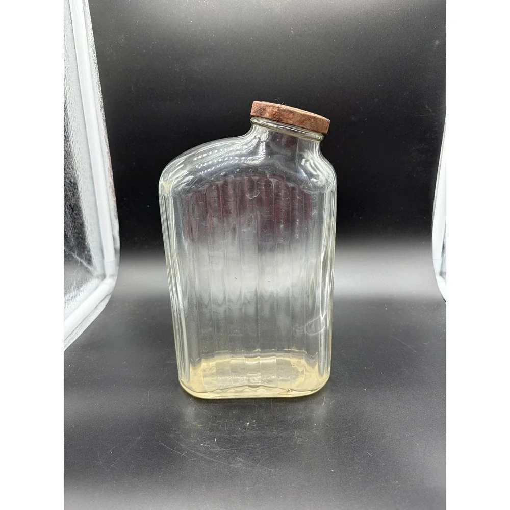 Vintage Ribbed Glass Bottle with Metal Cap Rustic Farmhouse Decor Storage‎